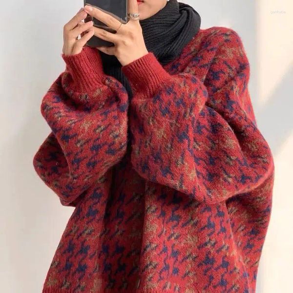 Kadın Sweaters Fashion Retro Yarım Kaplumbağa Boyun Sıcak Örgü Üstleri Kadın Kore tarzı Örme Külot rahat gevşek fener kollu kazak