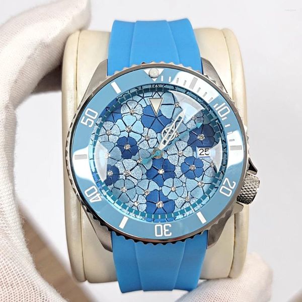 Japon NH35 Hareketi 41.5mm ile Kol saatleri Logoless Men Mechanical Watch, mavi kakma kadran 3.8 konumuna sahiptir