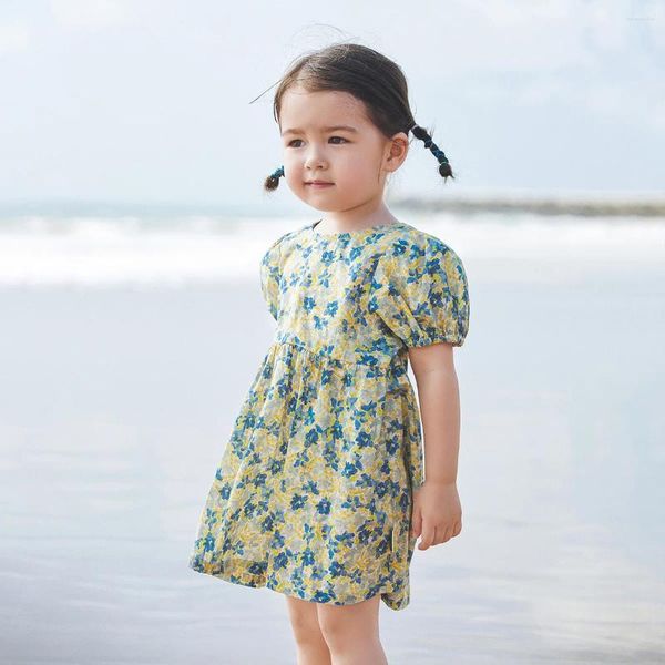 Vestidos de menina lindas garotas fofas roupas de verão roupas de algodão estampas florais de manga curta de manga de puffios de princesa praia
