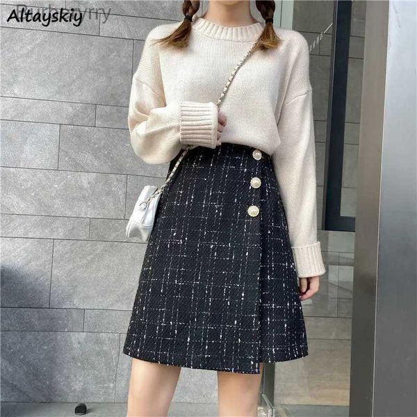 Saias xadrez saias femininas chique botão cintura alta all-match fashiom suave ulzzang a linha meninas doce streetwear aconchegante venda quente casuall231212