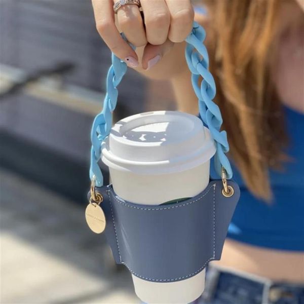 Haken Schienen PU-Leder Milch Tee Handhalter Abnehmbare Kette Outdoor Picknick Tragbare Kaffeetasse Außenverpackungsbeutel Ohne248G