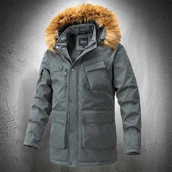 Jaquetas masculinas 2023 parka para homem com vários bolsos gola de pele ao ar livre quente outono inverno meados longo forrado casacos 231212