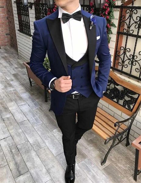 Herrenanzüge nach Maß Groomsmen Schwarz Bräutigam Smoking Schal Satin Revers Männer Hochzeit Mann Blazer (Jacke, Hose, Weste)