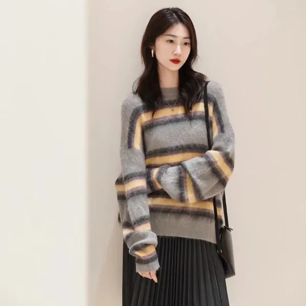 Kadın Sweaters Kış Iwomen Moda Tiftik Çizgili Uzun Kollu O yakalı Sweater Elegant Lady All Match Pullover Jumper Tops