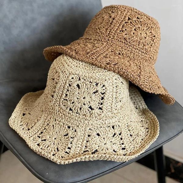 Cappelli a tesa larga Cappello da sole traspirante Cappello da donna alla moda in paglia all'uncinetto pieghevole Protezione UV per la spiaggia o le gite estive