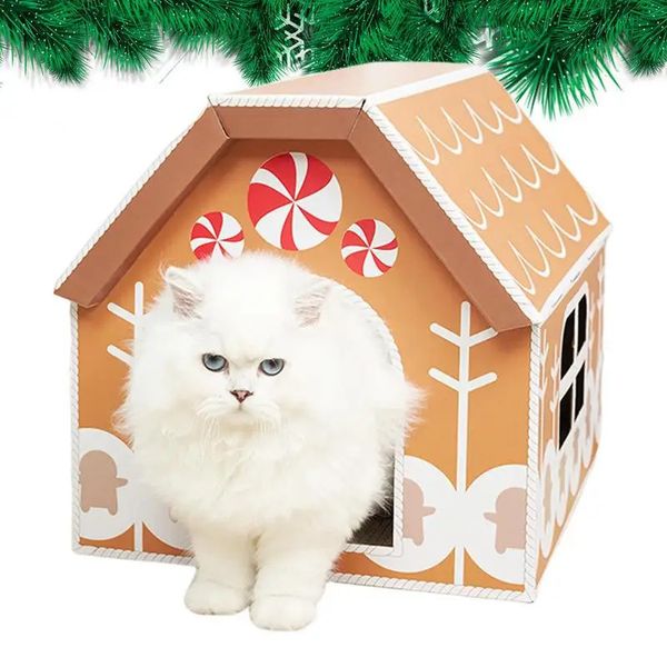 Zwinger Stifte Karton Katzenhaus Weihnachten Thema Tier mit Scratcher Welpen Nest faltbare Kätzchen Schlafbett für Indoor Outdoor Haustier 231212