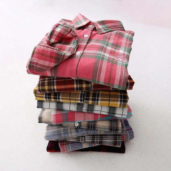 Blusas femininas outono tamanho grande M-4XL lixa tecido flanela xadrez casual primavera camisas quentes tops algodão lixado