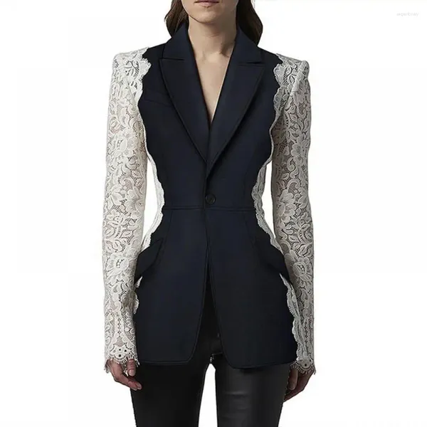 Abiti da donna Alla moda Slim Fit Un bottone Nero Bianco Giacca con giunture in pizzo a contrasto 2024 Primavera Designer Brand Vintage Blazer