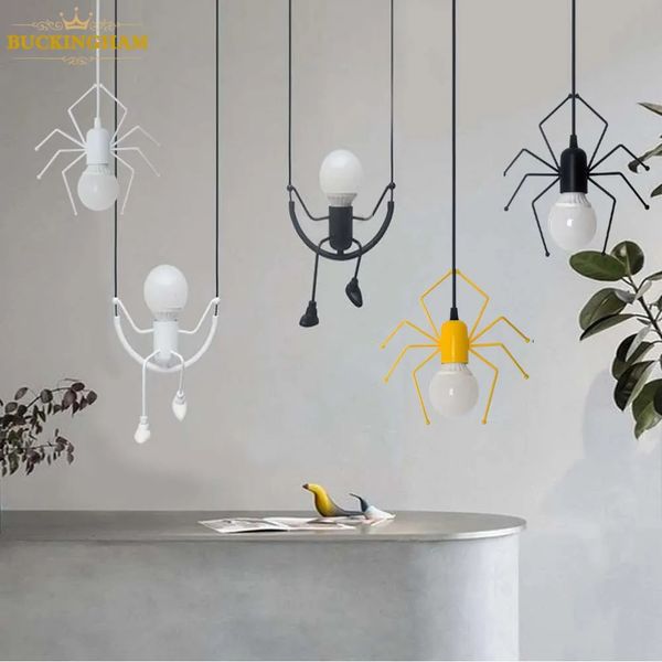 Novidade Itens Pingente Luz Nordic Little Man Spider Pendurado Lâmpada Ferro Balanço Lâmpadas Retro Loft Iluminação LED Luminária para Kids Room Coffee Bar 231212