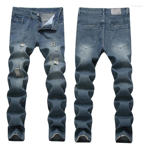 Jeans da uomo strappati rovinati retrò vecchi lavati slim fit piccola toppa piedi in denim pantaloni lunghi quattro stagioni taglia grande