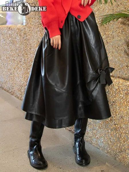 Saias assimétricas design a-line saia de couro genuíno mulheres cintura elástica harajuku casual bowknot cintura alta saias de pele de carneiro S-4XLL231212