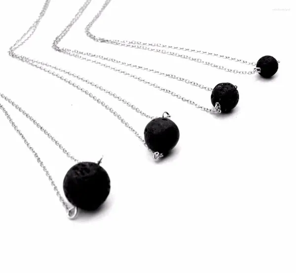 Colares de pingente 10pcs) Black Lava Stone Essential Oil Difusor Cadeia Colar Jóias Rodada Bola Bead