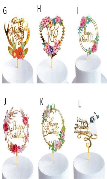 New Home Farbige Blumen „Happy Birthday“-Kuchenaufsatz, goldenes Acryl, Geburtstagsparty, Dessert-Dekoration für Babyparty, Backen, Suppli7164176