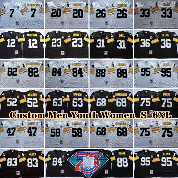 Custom 75th Vintage 75 Joe Greene 1969 Maglie da calcio 84 Antonio Brown 59 Jack Ham 31 Donnie Shell 82 John Stallworth 88 Lynn Swann 20 Rocky Bleier 23 Mike Wagner