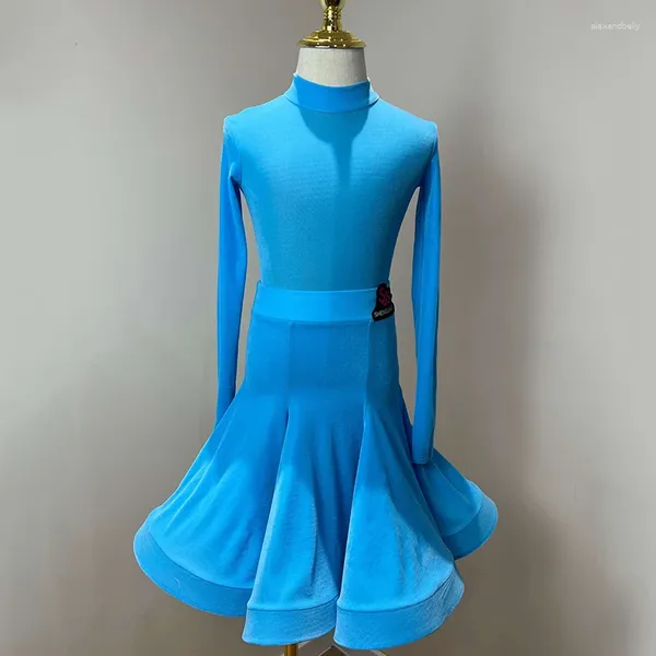 Bühnenkleidung Samt hoher Kragen Blauer lateinamerikanischer Tanzanzug Chacha Rumba Tango Kleid für Mädchen mit langen Ärmeln Leistung DN16907
