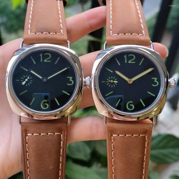 Armbanduhren 45mm Handaufzug Mechanische Herrenuhr Schwarzes Sandwich-Zifferblatt Grüne Zahl Leuchtendes ST3600-Uhrwerk