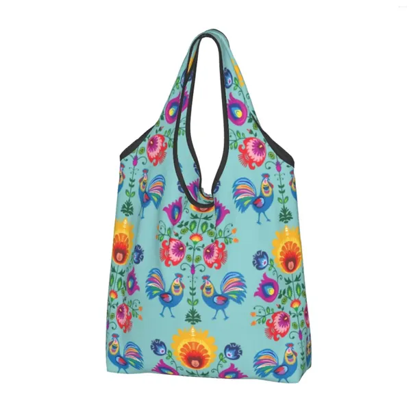 Sacos de compras folk rural flor galo saco portátil bolsa reciclável mercearia sem zíper moda para trabalho ao ar livre férias