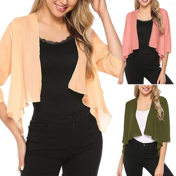 Blusas femininas curto casamento chiffon cardigan manga encolher bolero casaco feminino fino senhoras aberto outerwear bloouse blusa