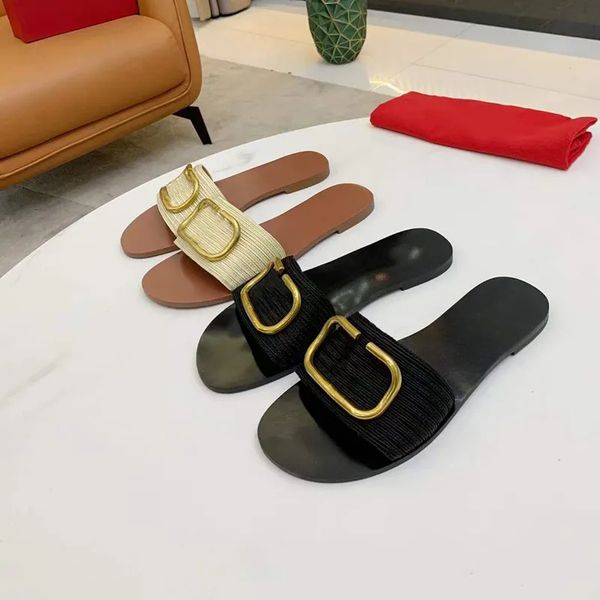 Com caixa designer sandália de salto alto feminino assinatura slide transparente granulado couro sapatos planos verão praia casual chinelo tamanho grande