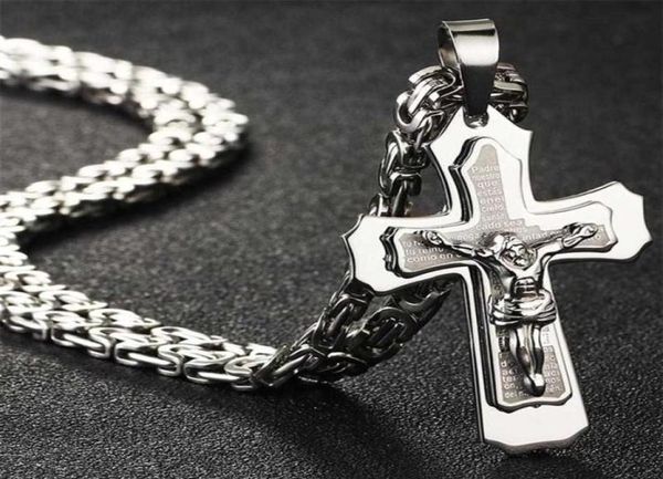 Colore argento biblico Jesus Cross in acciaio inossidabile Collane a catena a catena lunga per uomo gioielli Colar Collier 22015548298