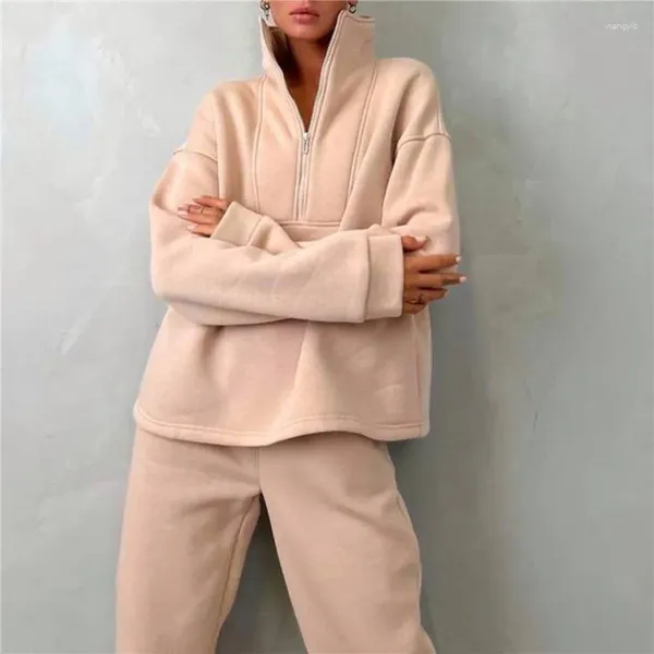 Set da corsa Donna Velluto con cerniera Colletto Felpa con cappuccio Completo da donna Tuta calda Inverno Cotone a maniche lunghe Pantaloni Set da 2 pezzi Pantaloni Harem