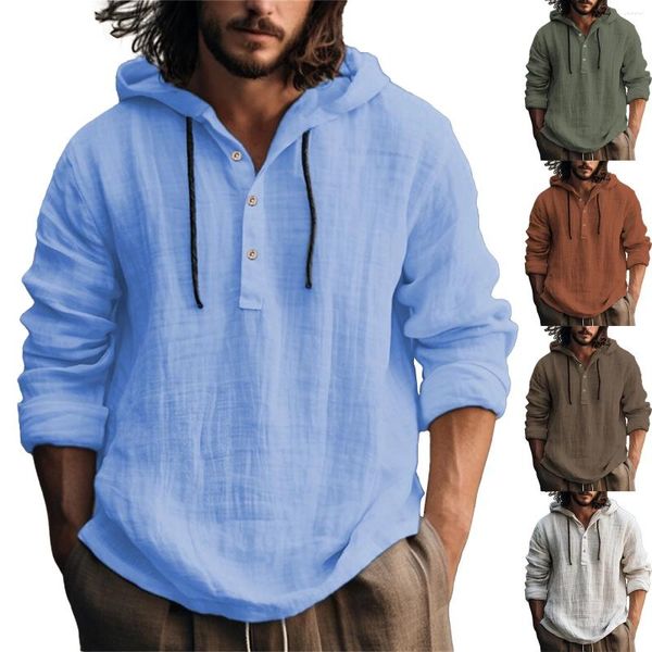 Camisas casuais masculinas moda com capuz primavera e outono manga comprida cor sólida algodão veludo camisa grande alto collant homens