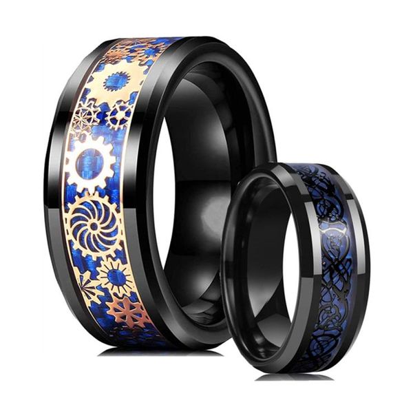 Moda masculina steampunk ouro engrenagem roda anéis de carboneto de tungstênio vintage punk preto dragão padrão anel incrustação azul fibra de carbono anéis7697474