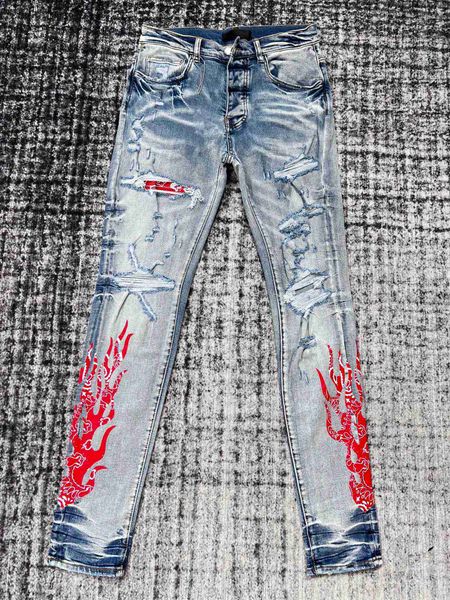 Мужские джинсы высокого качества с пламенными рваными модными рваными облегающими джинсами больших размеров, мужские размеры 40 Q231212