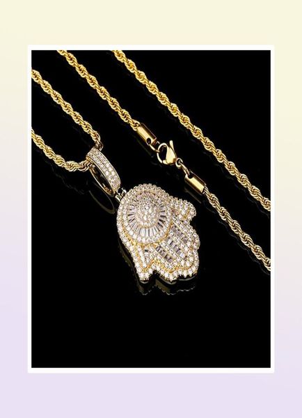 Iced Out Hand of Fatima Hamsa кулон ожерелье CZ медь высшего качества кубический циркон Bling Bling для мужчин женщин подарки1860069
