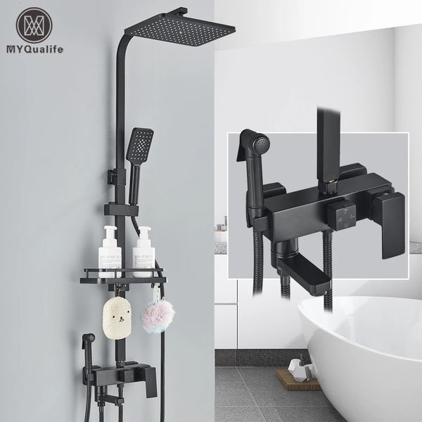 Soffioni doccia per bagno Set rubinetto in ottone nero Rubinetto per vasca a pioggia con ripiano 4 funzioni Regolazione altezza Miscelatore Gru Consegna rapida 231212