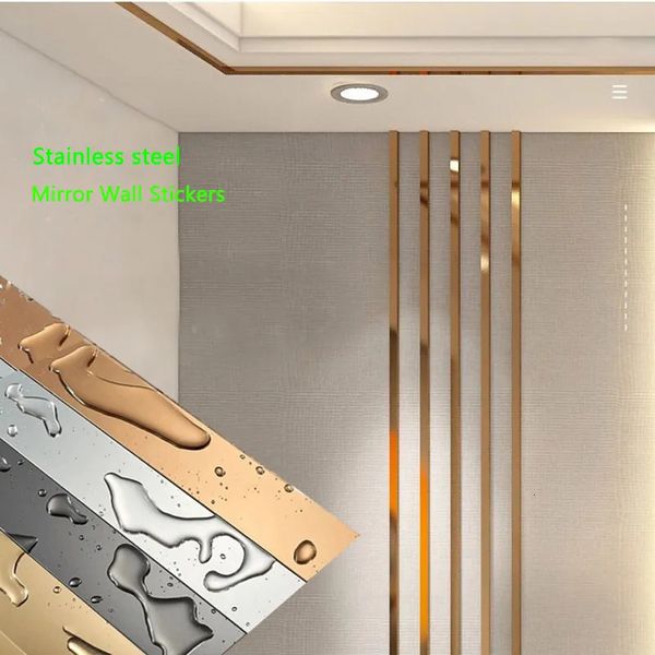 Adesivi murali 1 rotolo adesivo dorato linee decorative piatte in acciaio inox bordo soffitto striscia specchio decorazione soggiorno 231211