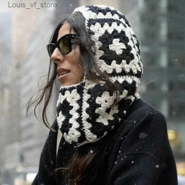 Beanie / Skull Caps Ins Passamontagna in legno all'uncinetto Donna Inverno caldo Berretti in maglia Quadrato con cappuccio Cappello Protezione del collo Maschera da sci Maschera di copertura integrale T231212