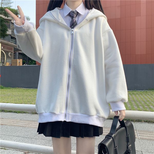 Harajuku Kawaii Bunny Ears Hoodie Mulheres Moda Top Casaco Inverno Quente Oversized Solto Grosso Zip Up Moletom Menina Roupas Bonitos 210909