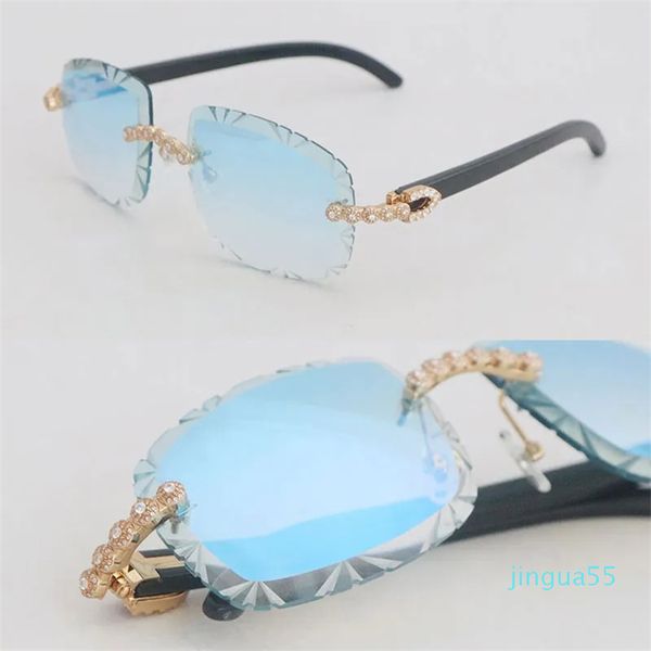 Randlose Sonnenbrille mit Diamantbesatz für Damen, schwarzes Büffelhorn, Herrenbrille, geschnitzte Linse, große Steine, Vintage-Metallbrille