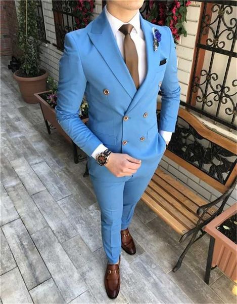 Abiti da uomo doppio petto Smoking da sposo beige/blu con risvolto a lancia Groomsmen Matrimonio/ballo studentesco/cena Uomo Blazer sposo 2 pezzi (giacca + pantaloni + papillon) L655