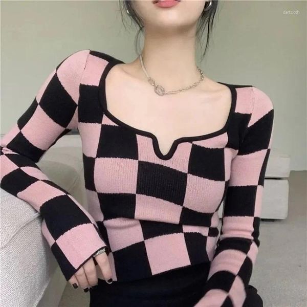 Damenpullover Deeptown Y2K koreanischer Stil karierter rosa abgeschnittener Pullover Damen Harajuku weiß gestrickter Rundhalspullover Pullover weiblich schlank
