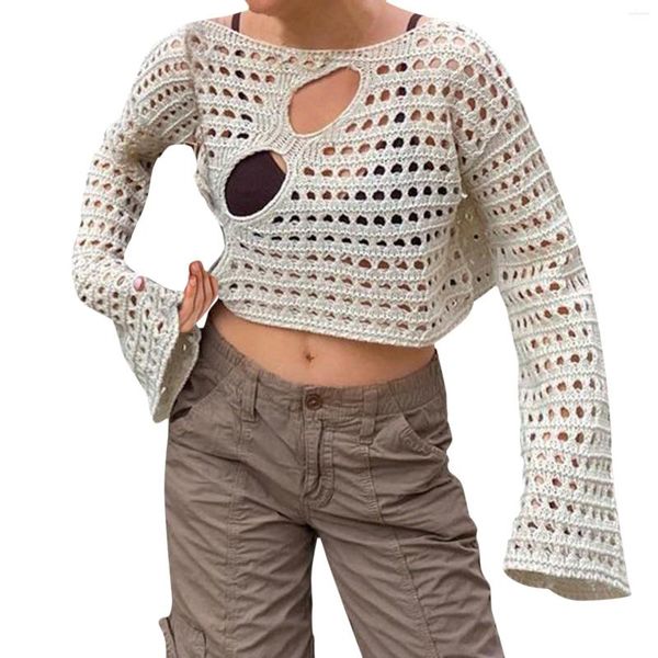 Damenpullover Y2K Hollow Out Cropped Knit Smock Top Frauen Sexy Fishnet Strickpullover Lose Distressed Crochet Pullover Crop Tops