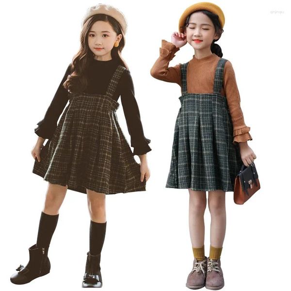 Set di abbigliamento 2023 Plaid Cute Baby Girl Abiti Maglione Abito Primavera Abbigliamento per bambini Autunno Moda Cinghia Adolescenti Bambini Cosume