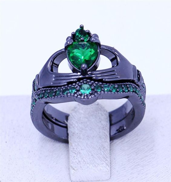 Новое кольцо claddagh, ювелирные изделия с камнем, обручальное кольцо, набор колец для женщин, зеленый 5А, циркон, Cz, черное золото, заполненное женское вечернее кольцо2297134