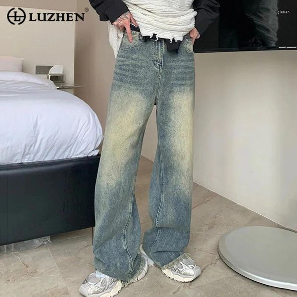 Jeans da uomo LUZHEN Trendy tubo dritto di alta qualità pantaloni denim a gamba larga originali lavati pantaloni larghi vintage usurati A80766