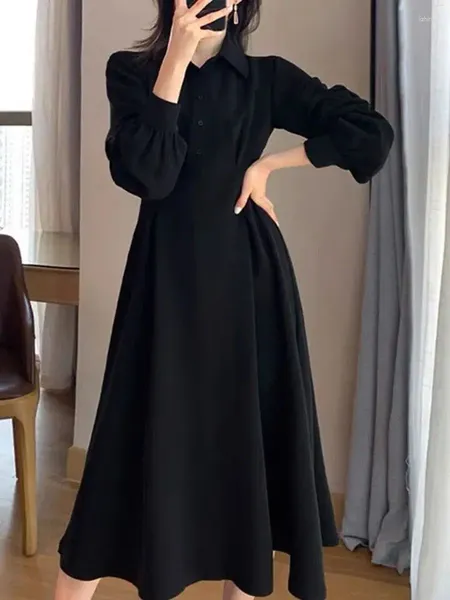 Повседневные платья размера плюс 6XL 150 кг, осеннее длинное платье, женское платье с рукавами и высокой талией, отложным воротником, винтажная черная одежда, Vestido
