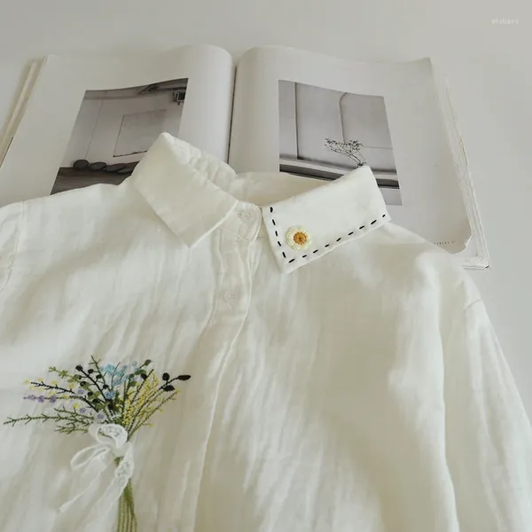 Camicette da donna Mori Girl Camicetta ricamata a fiori in pizzo Camicia bianca a maniche lunghe in cotone da donna