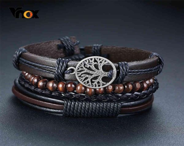 Vnox 4-teiliges Set geflochtene Wickel-Lederarmbänder für Männer, Vintage-Lebensbaum, Ruder-Charm, Holzperlen, ethnische Tribal-Armbänder9218003