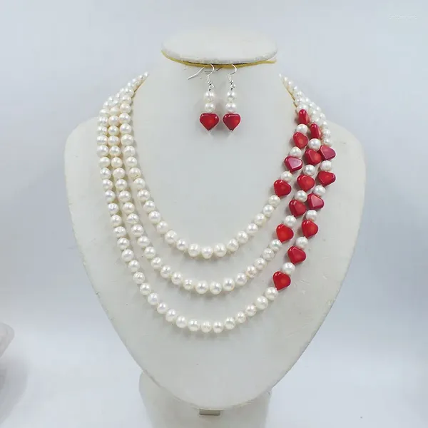 Conjunto de brincos de colar com 3 fileiras de pérola natural de 8 mm/conjunto de colar/brincos de coral. Joias de casamento de noiva perfeita