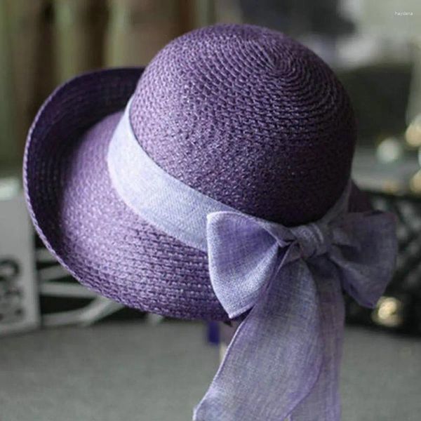 Cappelli a tesa larga Nastro Bowknot Cappello di paglia Cupola rotonda Pieghevole da viaggio Sweet Lady Protezione solare estiva Gita in spiaggia Berretto da pescatore