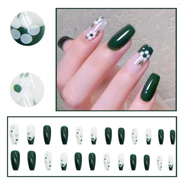 Unhas Falsas Cobertura Completa Pontas de Unhas de Gel Macio Ponta Francesa Longa Flor Fina Verde Acrílico Natural Metade