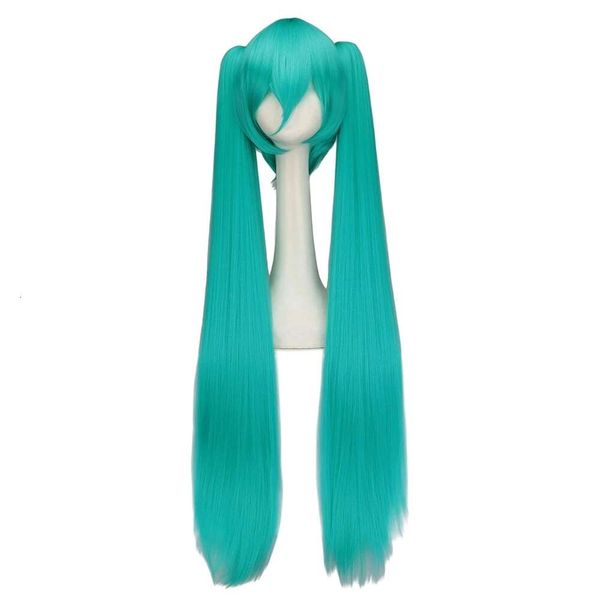 Peruca de cosplay vocaloid longa verde com 2 clipes japão midi vestido iniciante futuro peruca de cabelo sintético