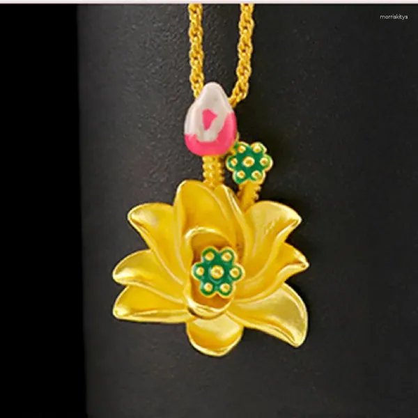 Anhänger Halsketten Retro Lotus Vietnam Placer Gold Altes brennende blaue farbenfrohe grüne Blätter Blume Hänge Halskette