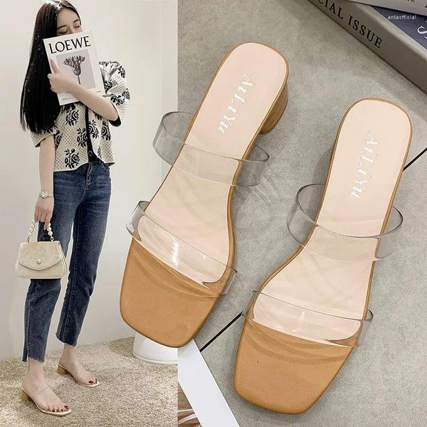 Hausschuhe 2023 Frühling/Sommer Dicke Ferse Transparent Pu Mode Outwear Casual Fisch Mund frauen Hohe Sandalen