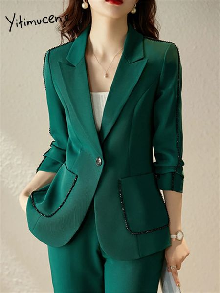 Calças femininas de duas peças Yitimuceng Elegante Conjuntos Sólidos Outifits 2023 Beading Turn Down Collar Slim Blazers Casual Harem Pant Suits 231211